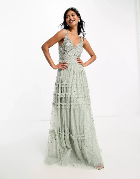 Maya Bridesmaid maxi tulle dress with tonal delicate sequin and full skirt in sage green co ord