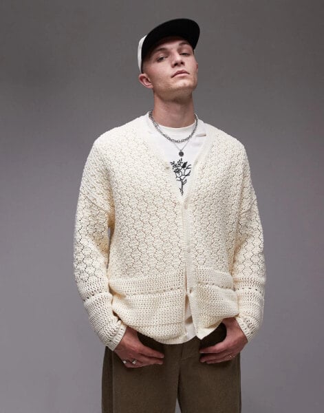 Topman knitted crochet cardigan with in ecru