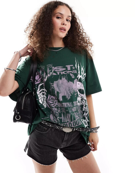 ASOS DESIGN nibbled oversized t-shirt with cutabout rock graphic in dark green