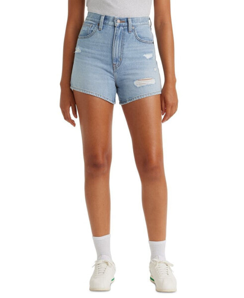 High-Waisted Distressed Cotton Mom Shorts