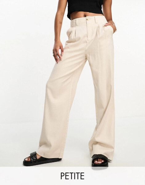 Stradivarius Petite linen look wide leg trouser in natural