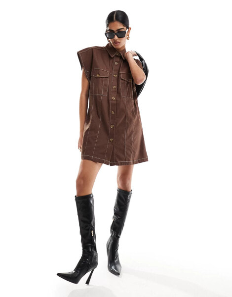 ASOS DESIGN twill boxy sleeveless shirt mini dress with contrast stitch in mocha