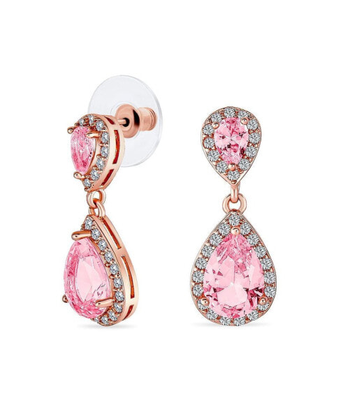 Bridal Pave Halo Dangle Teardrop Cubic Zirconia Pink AAA CZ Drop Earrings For Wedding Women Prom Teen Rose Gold Plated Brass