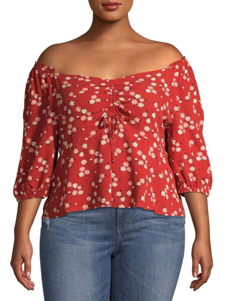 No Boundaries Peplum Top Women's 2X Red Floral Pleated Cotton Off the Shoulder