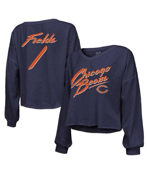 Women's Threads Justin Fields Navy Distressed Chicago Bears Name and Number Off-Shoulder Script Cropped Long Sleeve V-Neck T-shirt
