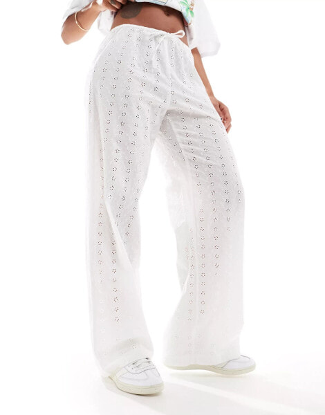 Bershka tie waist wide leg broderie trousers in white