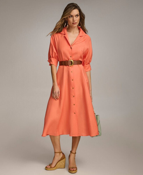 Women's Belted Elbow-Sleeve Shirtdress