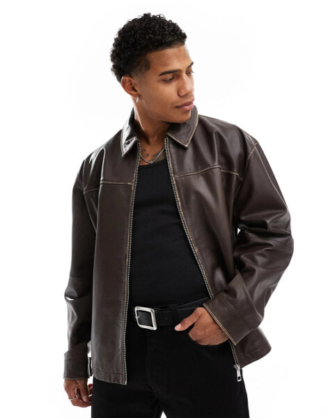 ASOS DESIGN Premium real leather oversized distressed harrington jacket in brown