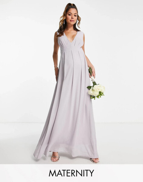 TFNC Maternity Bridesmaid chiffon v front maxi dress with pleated skirt in grey