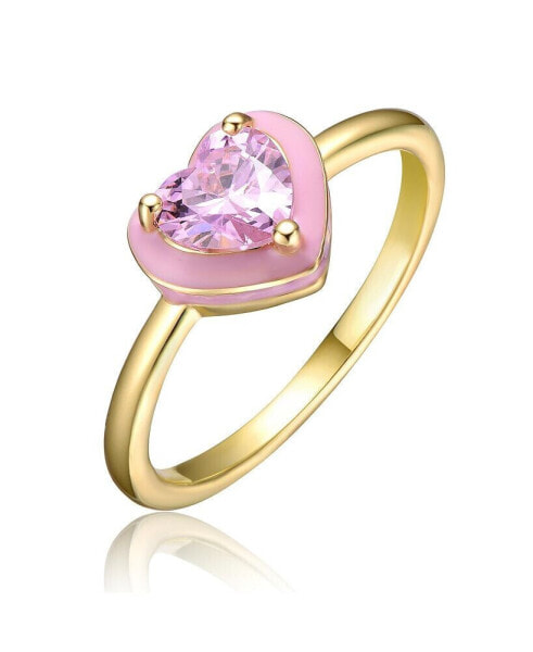 RA Young Adults/Teens 14k Yellow Gold Plated with Pink Morganite Cubic Zirconia Enamel Halo Heart Stacking Ring
