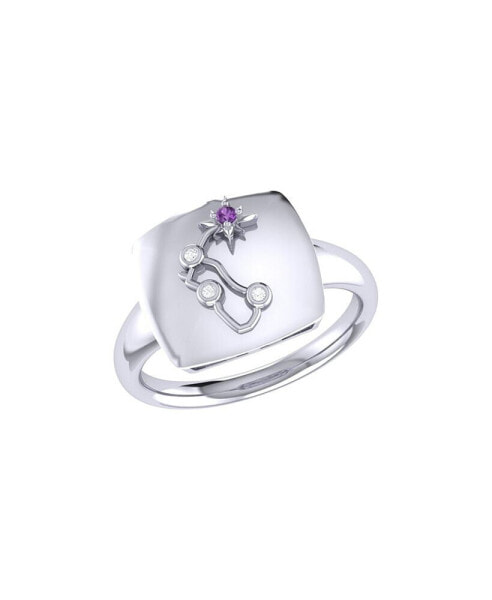 Aquarius Water Bearer Design 14K White Gold Amethyst Gemstone Diamond Signet Ring