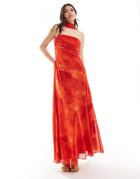 Forever New bandeau maxi dress with neck tie in red floral