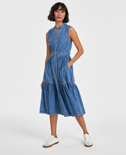 Women's Denim Tiered Midi Dress, Created for Macy's