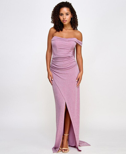 Juniors' Off-The-Shoulder Glitter-Knit Cowl Neck Gown