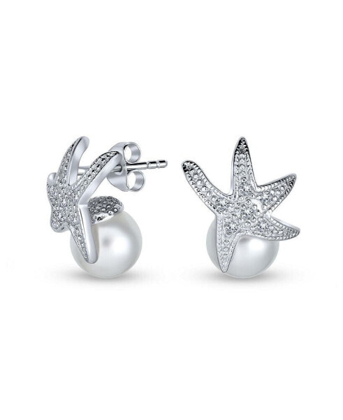 Nautical CZ Beach Destination White Simulated Pearl 8MM Starfish Stud Earring For Women smaids Sterling Silver