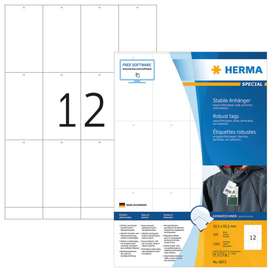 HERMA Robust tags A4 52,5x93,5 mm white paper/film/paper perforated non-adhesive 1200 pcs. - White - Rectangle - Paper - Germany - Laser/Inkjet - 5.25 cm