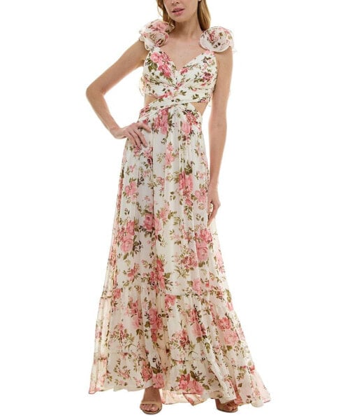 Juniors' Floral-Print Strappy-Back Ruffled Gown
