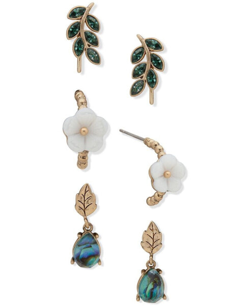 Gold-Tone 3-Pc. Set Crystal Leaf & Flower Earrings