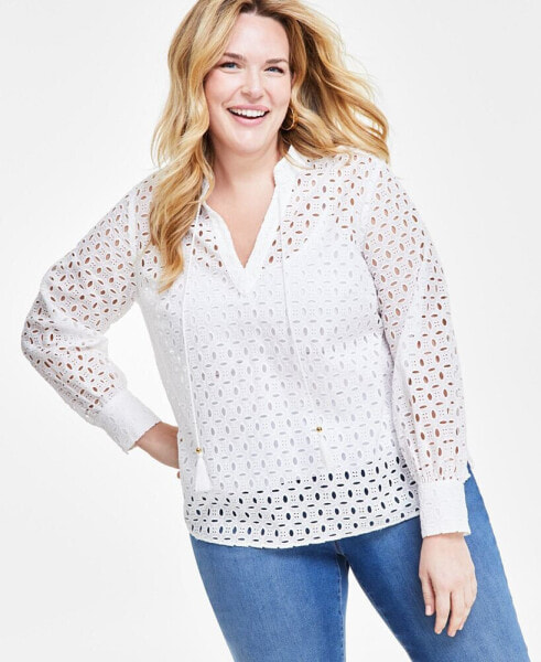 Plus Size Eyelet Tie-Neck Blouse, Created for Macy's