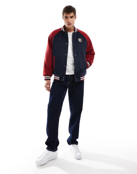 Tommy Jeans wool crest bomber jacket in navy and red