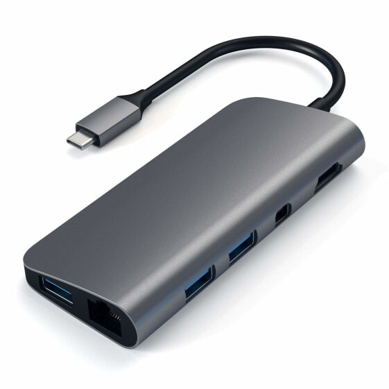 USB-концентратор Satechi ST-TCMM8PAM USB 3.2 Gen 1 (3.1 Gen 1) Type-C 49 W серого цвета с поддержкой MicroSD, MicroSDHC, MicroSDXC, SD и USB Type-A для Windows 10/8/8.1.