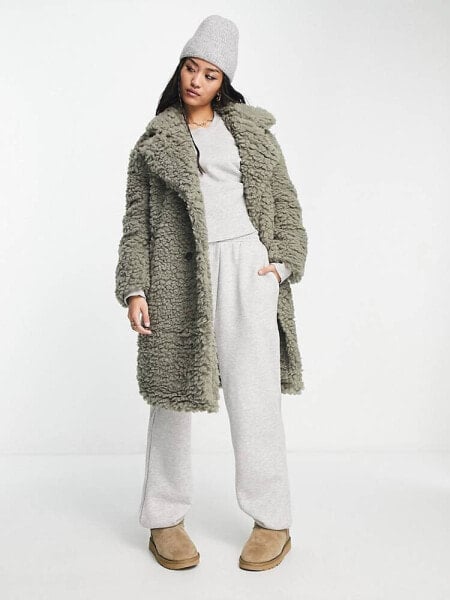 Vero Moda borg oversized coat in khaki
