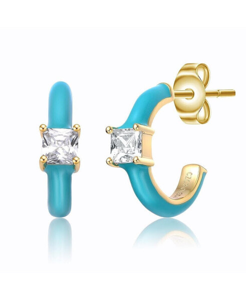 14k Yellow Gold Plated with Cubic Zirconia Blue Turquoise Enamel C-Hoop Earrings for Kids