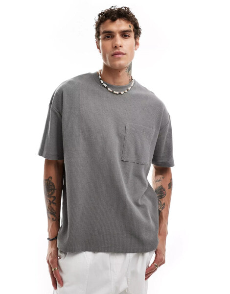 ASOS DESIGN oversized textured t-shirt with front pocket in charcoal