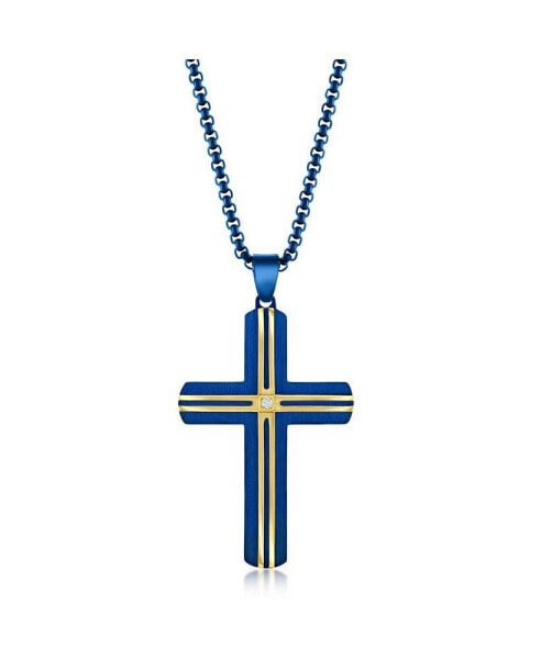 Mens Stainless Steel Blue & Gold Plated Lined Single CZ Cross Necklace
