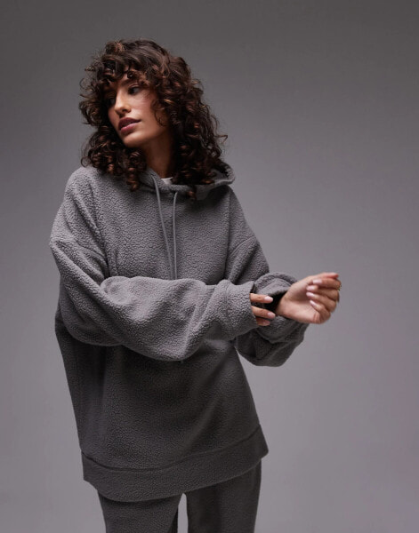 Topshop – Oversize-Kapuzenpullover aus Teddyfell in Schiefergrau, Kombiteil