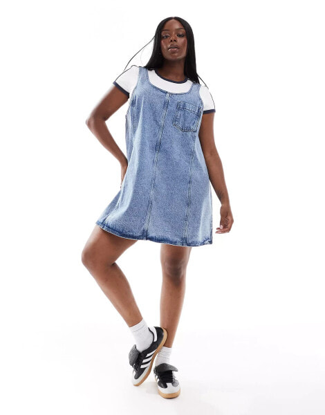 Noisy May Curve denim pinafore dress in mid wash blue