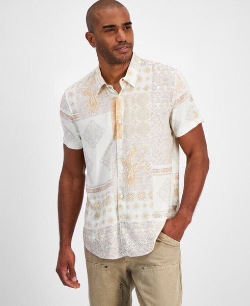 Men's Short Sleeve Button-Front Patchwork Print Shirt