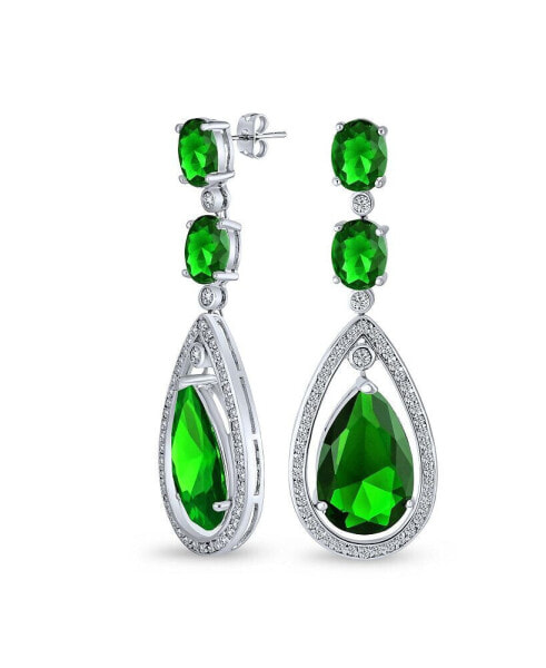 Art Deco Style Wedding Simulated Emerald Green AAA Cubic Zirconia Halo Large Teardrop CZ Statement Dangle Chandelier Earrings For Women Bridal Party Silver Plated
