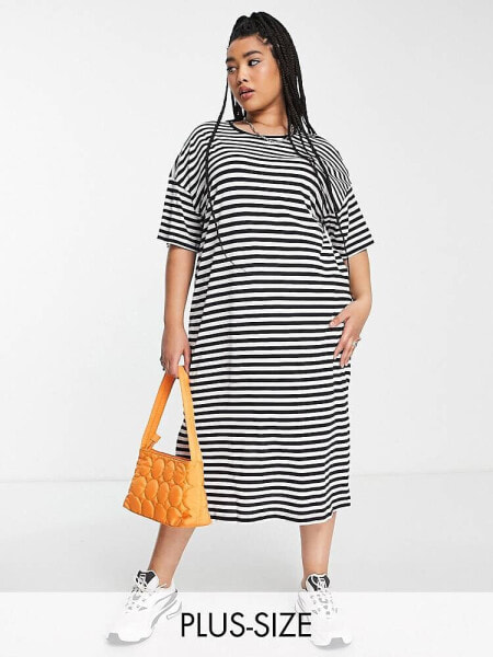 Noisy May Curve midi t-shirt dress in black and white stripe