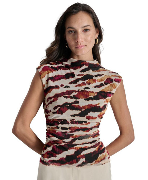 Women's Printed Funnel Neck Cap-Sleeve Top