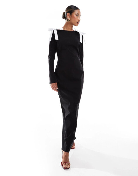 Daska jersey maxi dress with shoulder bow detail in black and white