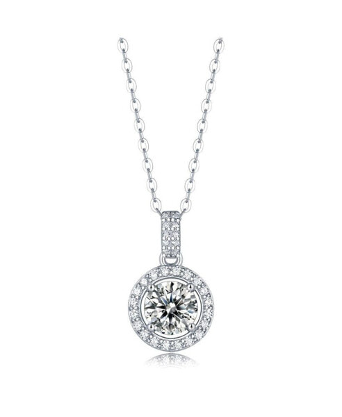Sterling Silver White Gold Plated with 2ctw Lab Created Moissanite Round Halo Cluster Pendant Necklace