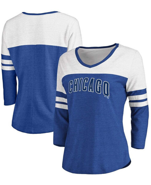 Women's Heathered Royal, White Chicago Cubs Official Wordmark 3/4 Sleeve V-Neck T-shirt