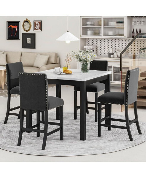 5 Piece Velvet Chair Dining Set with Faux Marble Table, Black