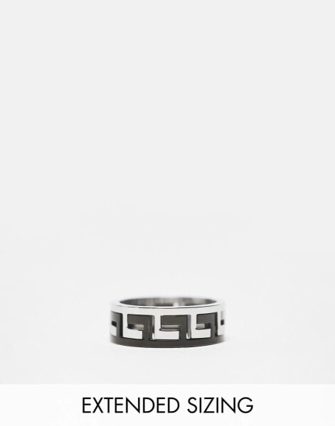 ASOS DESIGN waterproof stainless steel band ring with greek wave in black and silver tone