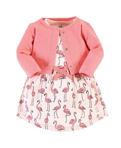 Baby Girls Baby Organic Cotton Dress and Cardigan, Pink Flamingo