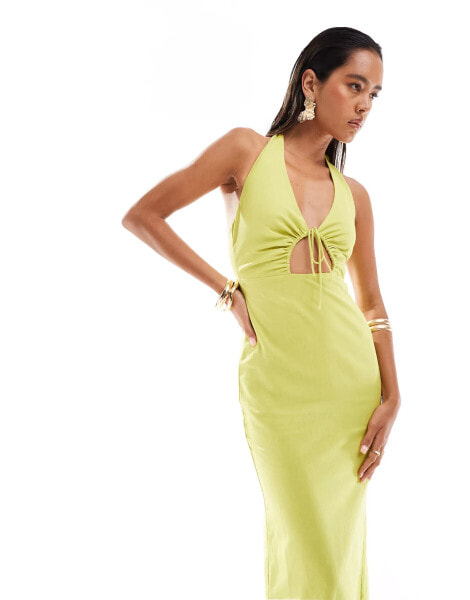 Bershka halterneck linen maxi dress in pistachio