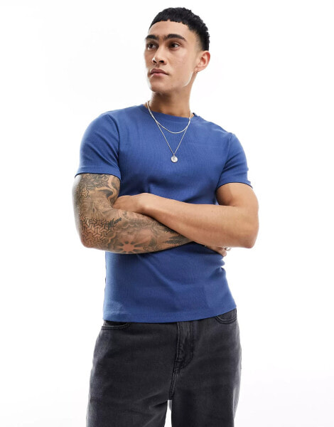 ASOS DESIGN essential muscle fit rib t-shirt in navy