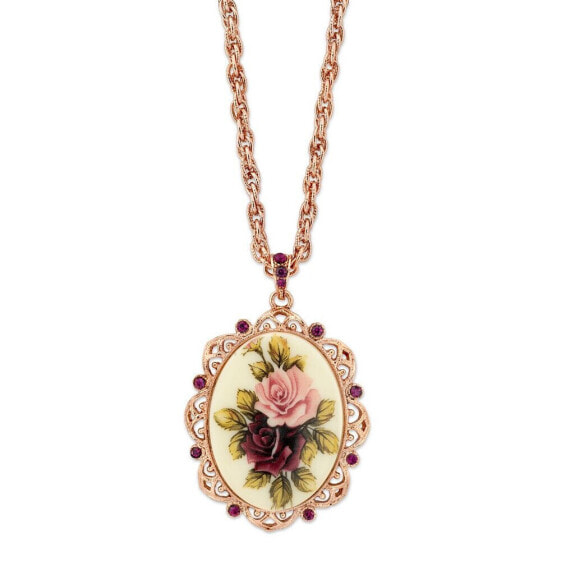 Rose Gold-Tone Purple Crystal Flower Oval Pendant Necklace 28"