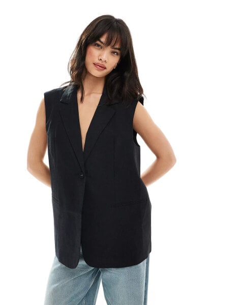 ASOS DESIGN sleeveless tailored blazer with linen in black