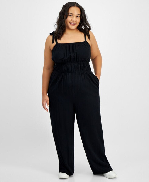 Trendy Plus Size Smocked Tie-Strap Jumpsuit, Created for Macy's