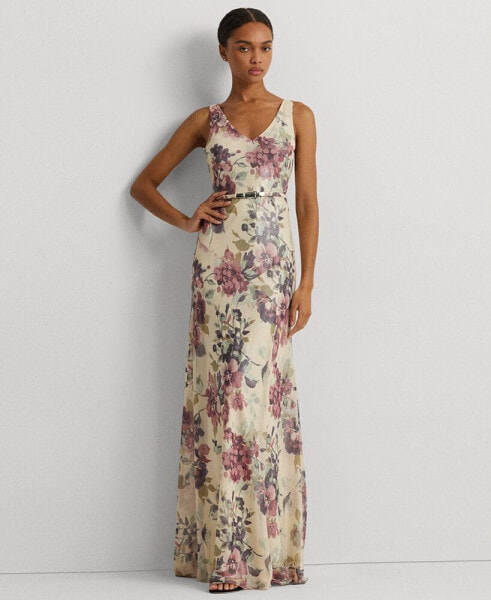 Women's Metallic Floral Chiffon Gown