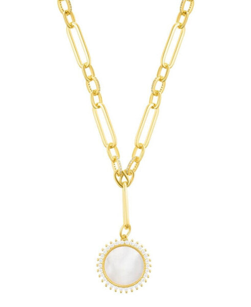 Gold Mother of Pearl Cubic Zirconia Halo Disc Mixed Link Y-Necklace