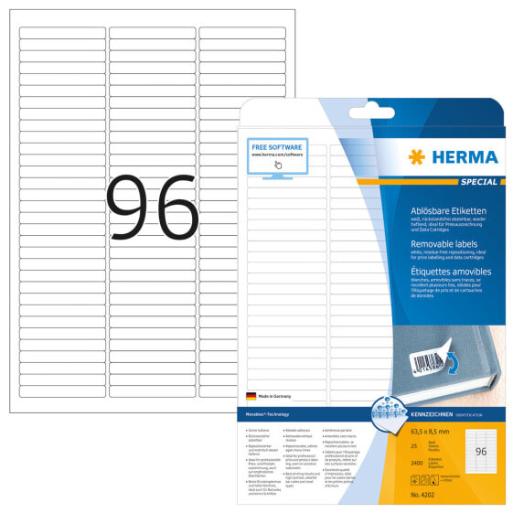 HERMA Removable labels A4 63.5x8.5 mm white Movables/removable paper matt 2400 pcs. - White - Self-adhesive printer label - A4 - Paper - Laser/Inkjet - Removable