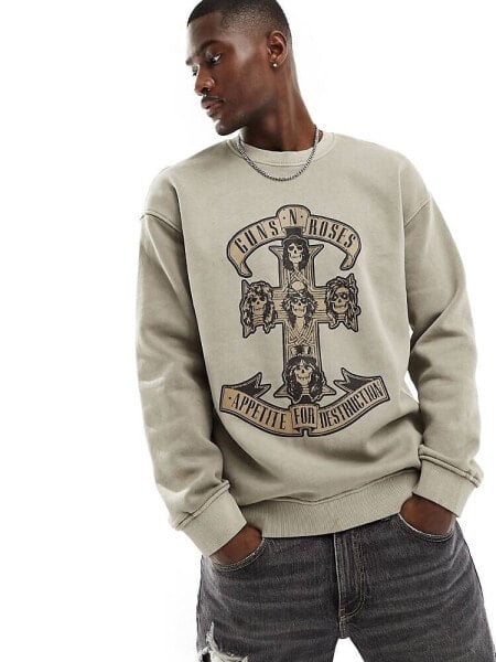 ONLY & SONS oversized Guns'n'Roses sweatshirt in washed stone